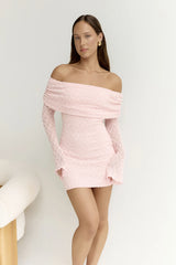 Beloved Dreams Off Shoulder Long Sleeve Mini Dress Pink